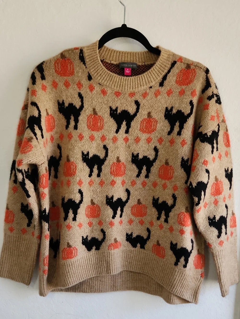 Vince Camuto Halloween Black Cat Pumpkin Fair Isle Knit Sweater Size S